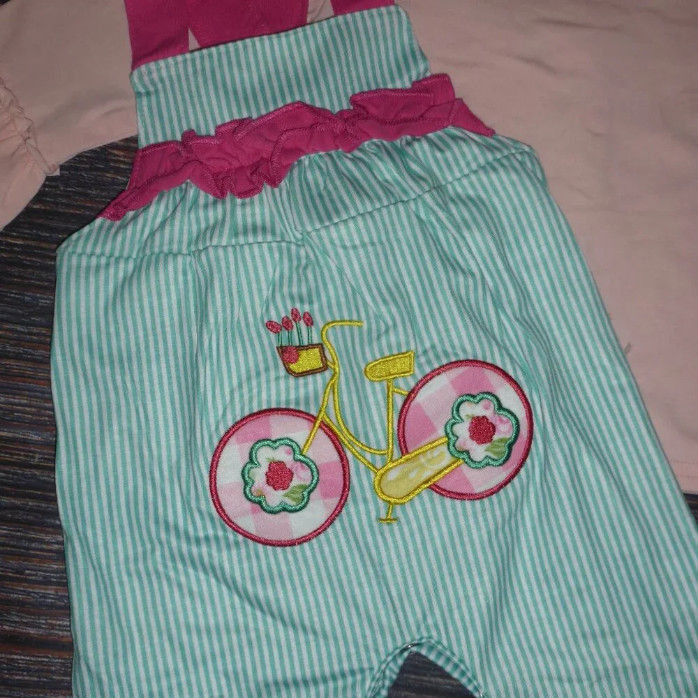 Boutique Baby Girls Bicycle Ruffle Overalls Outfit Set